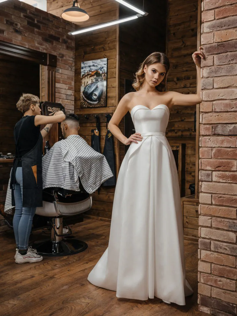 ---Affordable A-line wedding dress with sweetheart neckline made in satin--
